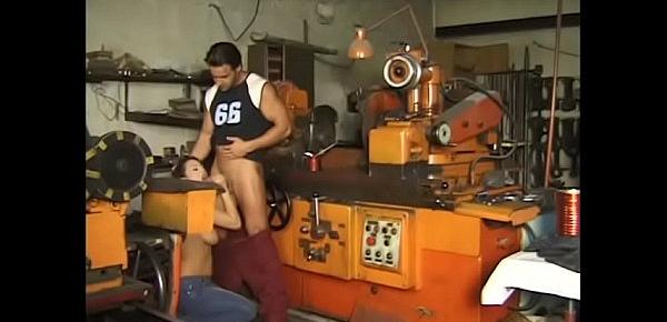  Sexy young brunette hooker was invited by few guys to fuck her in garage